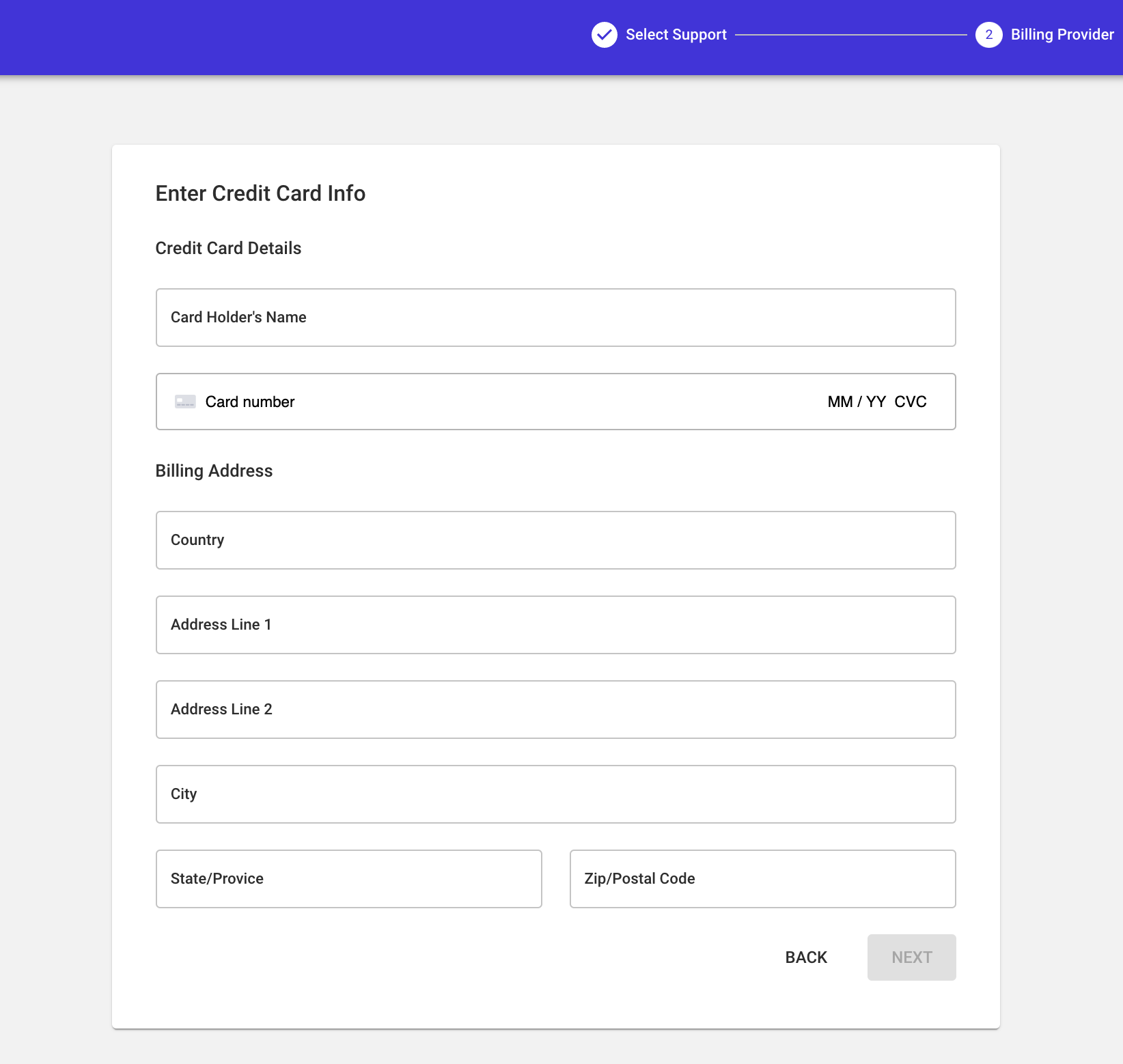 Account Creation Billing details